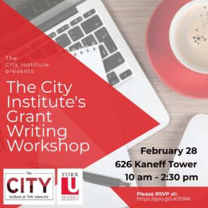 This poster advertises The City Institute's Grant Writing Workshop, and has a flatlay background (laptop, coffee mug, notepad, pen and mouse) overlaid with event and venue details.