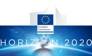 Logo of the European Commission's Horizon 2020 showing the phrase "Horizon 2020" in white font against a blue background. The second "O" is represented by a globe.