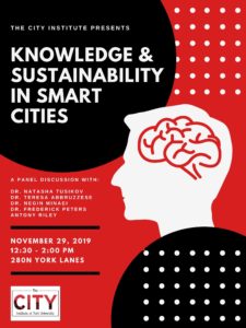 The poster has a red background with a dot grid on the upper and lower right corners. The lower right corner has a white icon illustration of an individual from the neck-up. The upper left corner has a black half-circle with text "KNOWLEDGE & SUSTAINABILITY IN SMART CITIES".