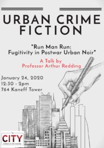The event poster is titled "URBAN CRIME FICTION" and includes the event's date, venue and time. Across the midsection of the poster, there is a pencil sketch illustration showing a hand drawing an urban skyline.