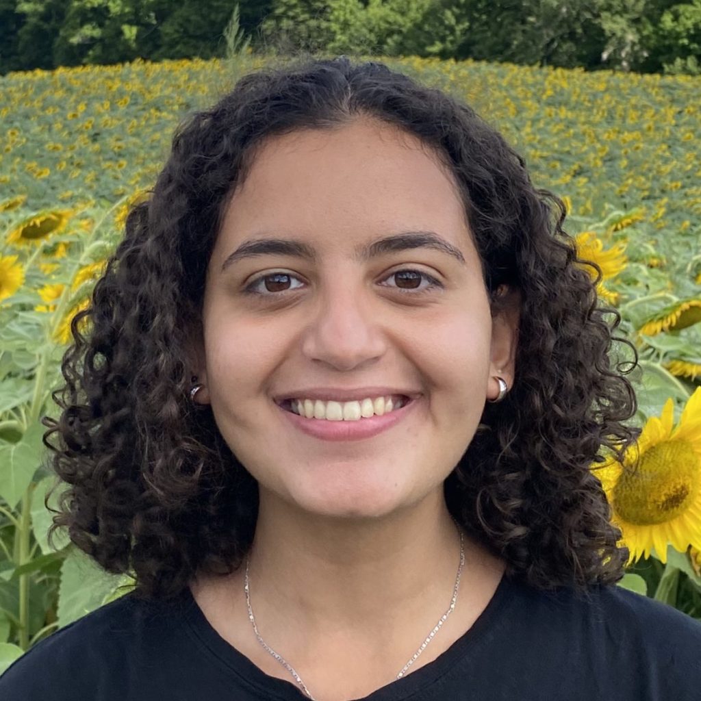 Farida Rady in front of a sunflower field