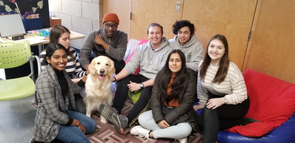 Seven students sitting together with Vari, the dog, in the middle.