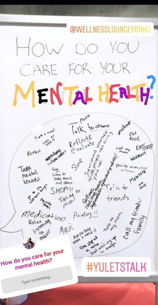 A blank white board consisting of answers for the question, "How do you care for your mental health?"