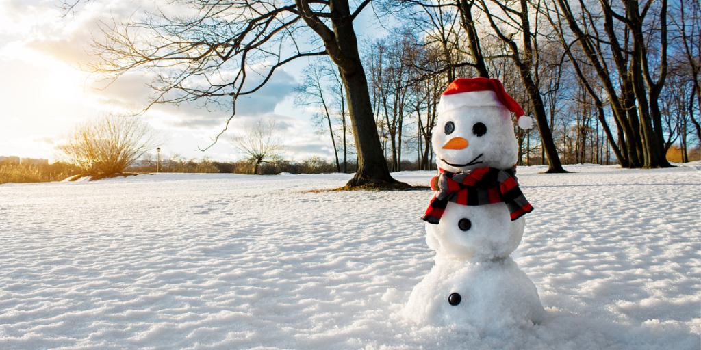 A snowman in the middle of a field wearing a Santa hat and a plaid scarf