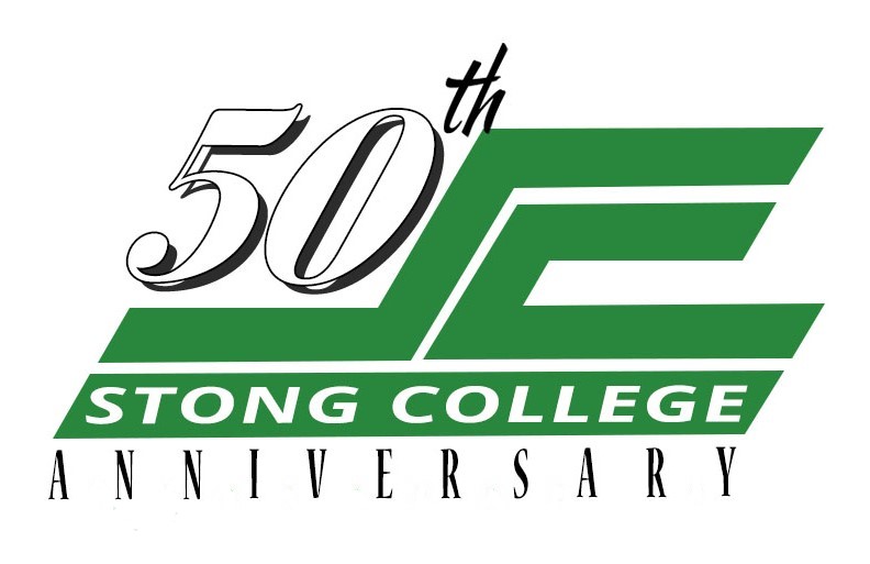 A green, white, and black logo of Stong College's 50th Anniversary.