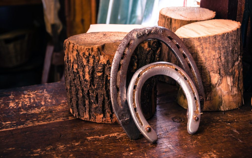 Closeup up two grey horseshoes resting against cross sections of trees