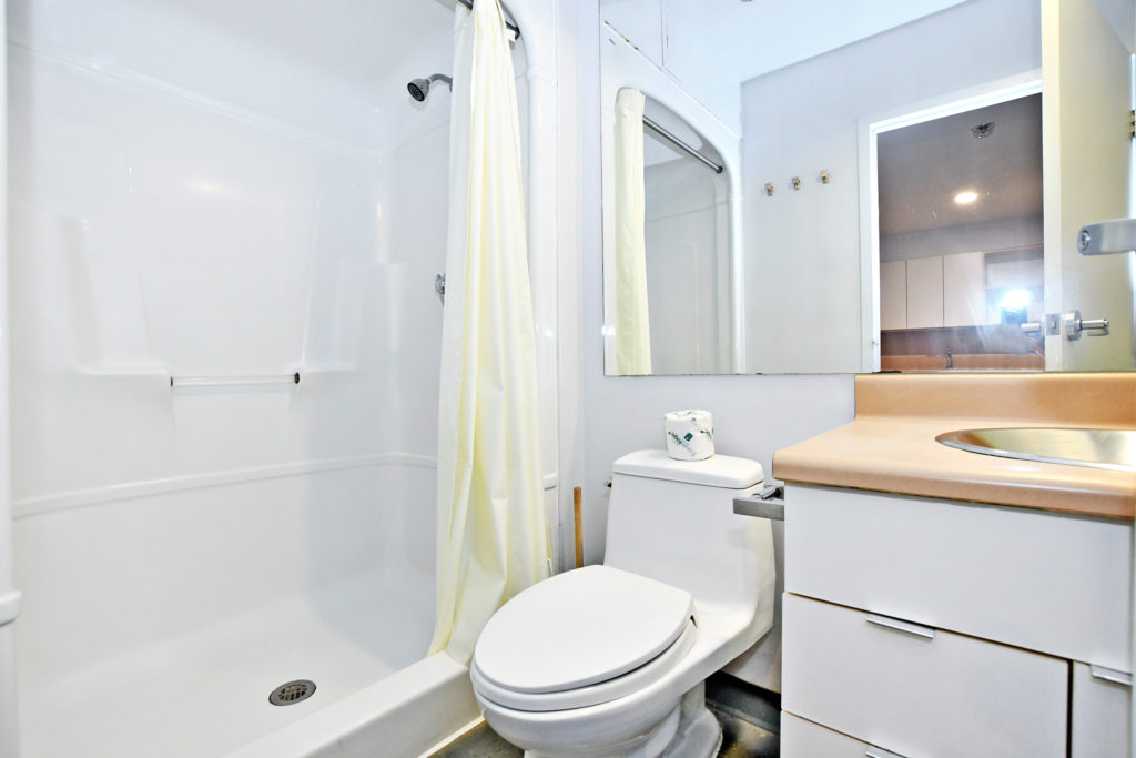 Private bathroom showing sink, toilet, shower.