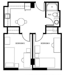 A floor plan of a Pond Road Residence suite showing 2 separate bedrooms with a washroom and eating area in the shared space.