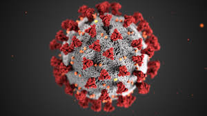 Illustration of the coronavirus, shown as a grey ball with many red spikes