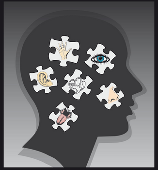 Silhouette of person's face, with different parts of the body as puzzles on top.