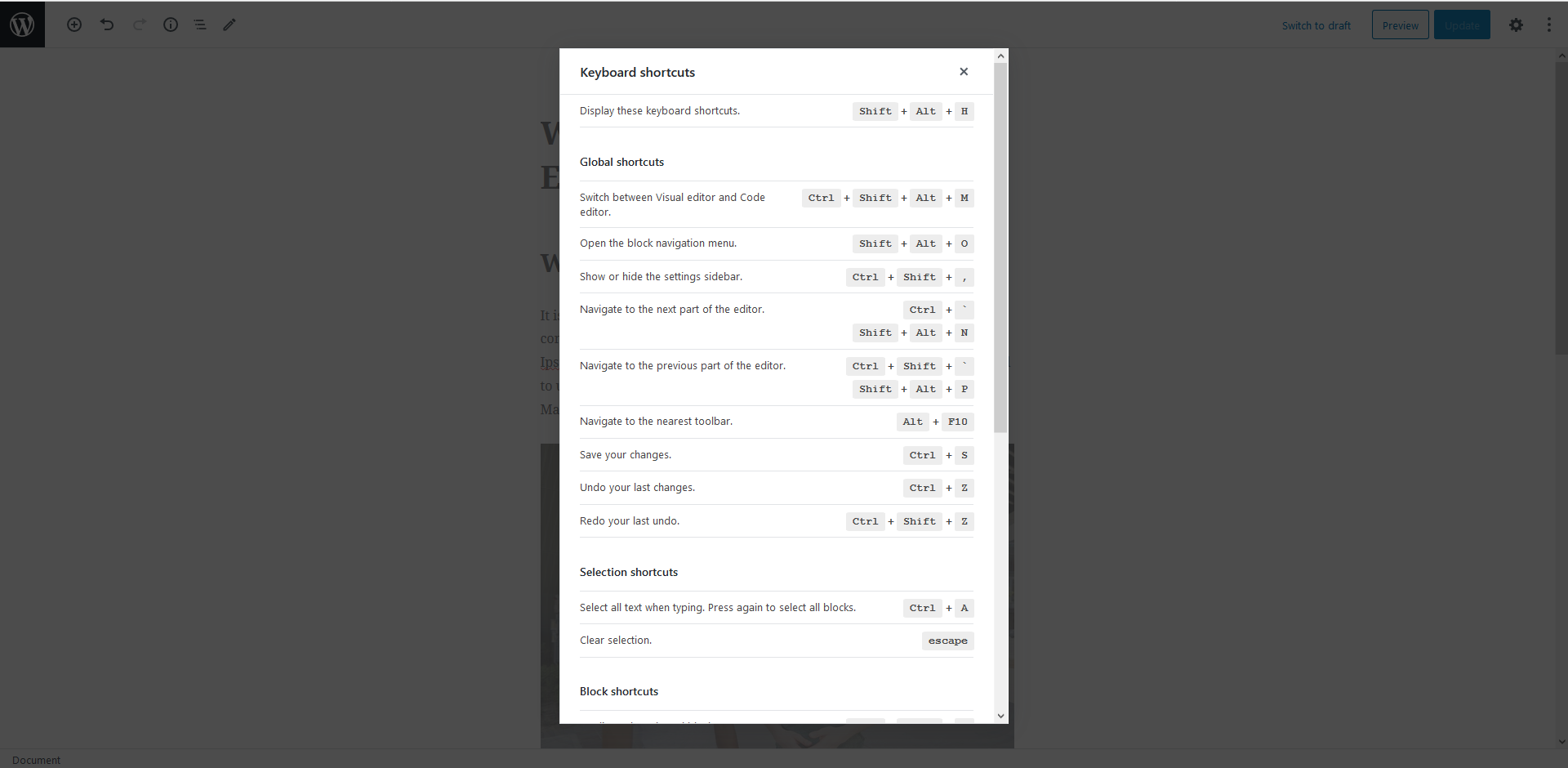 Gutenberg keyboard shortcuts