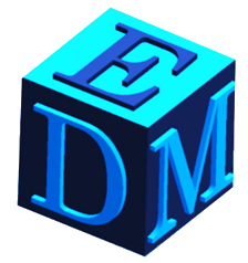 A blue cube with three sides showing. On each face is a E, D, and M respectively