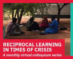 group of 3 male and 1 female student sitting under a tree outside of the Education Centre in Dadaab Kenya. the words Reciprocal Learning in Times of Crisis: A monthly virtual colloquium series is under the image