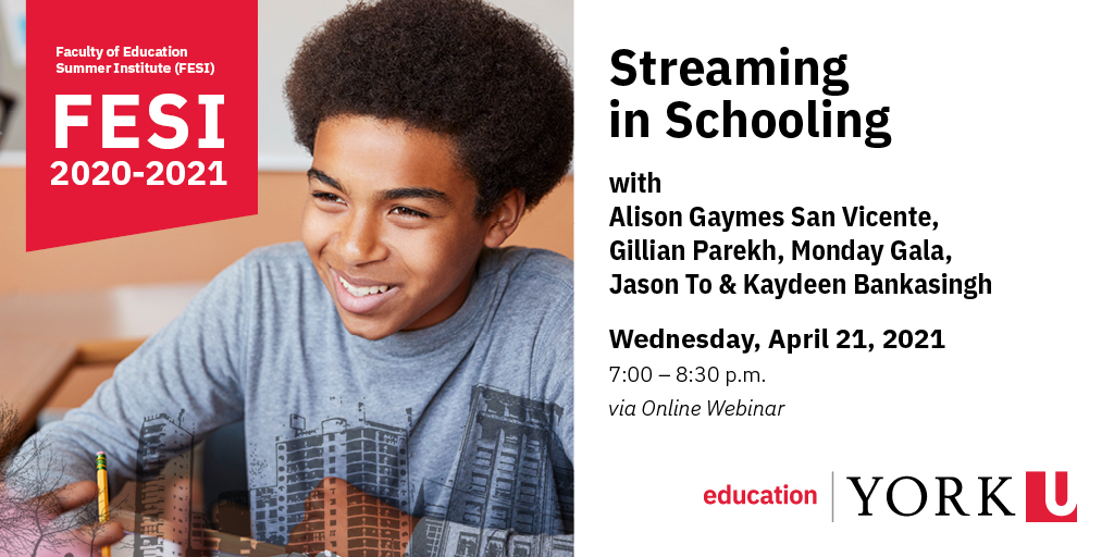 image from header of poster with young black male elementary aged student smiling.Includes title of event "Streaming in Schooling"; date of event: April 21, 2020 and time of event: 7-8:30pm via online webinar