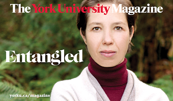 Winter 2021 cover of The York University Magazine featuring Faculty of Education Assistant PRofessor Cristina Delgado Vintimilla standing outside in front of some trees.