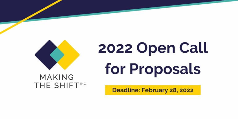 banner of call for proposals with the Making the Shift logo and the following wording: 2022 Open Call for Proposals: Deadline: February 28, 2022