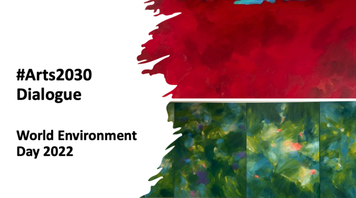 abstract image with red and green design on the right side with the works #Arts2030 Dialogue: World Environment Day 2022 on the right side