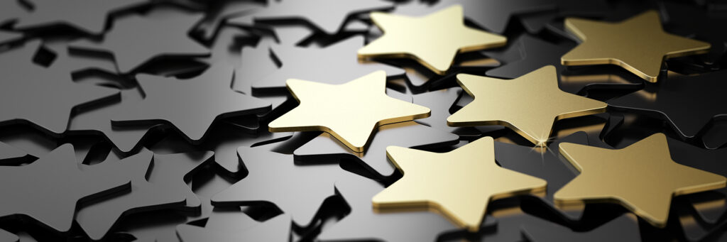 Six golden stars over black background. 3D illustration 