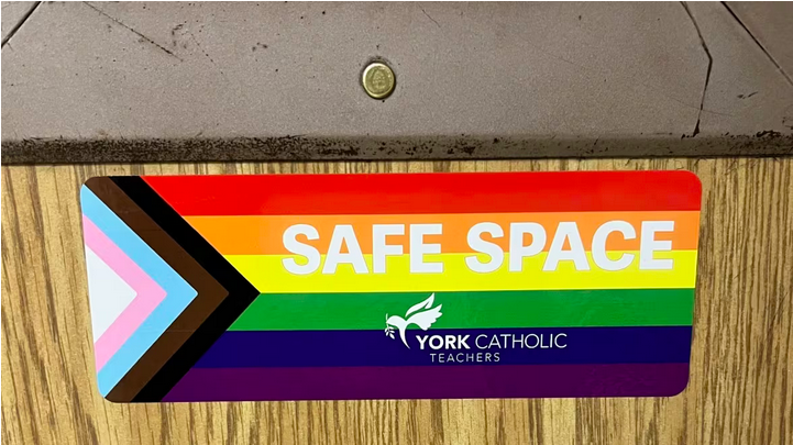 York Catholic Teachers Safe Space signage with pride colours
