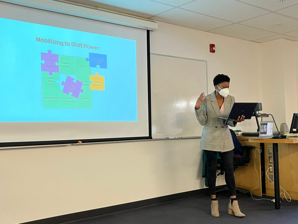 Master of Leadership and Community Engagement (MLCE) degree program student Shava McLean presenting her capstone project "Mobilizing to Shift Power"