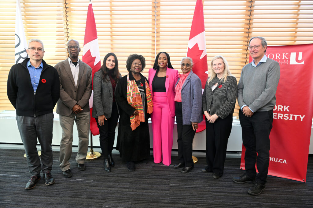 Pictured left to right: Faculty of Education Dean Robert Savage; Professor Carl James; Minister Kamal Khera; the Honourable Jean Augustine; Member of Parliament Arielle Kayabaga; activist Kamala Jean Gopie; President and Vice-Chancellor Rhonda Lenton; and, former Faculty of Education Dean Paul Axelrod.