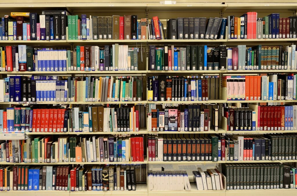 shelf in library of books and other resources