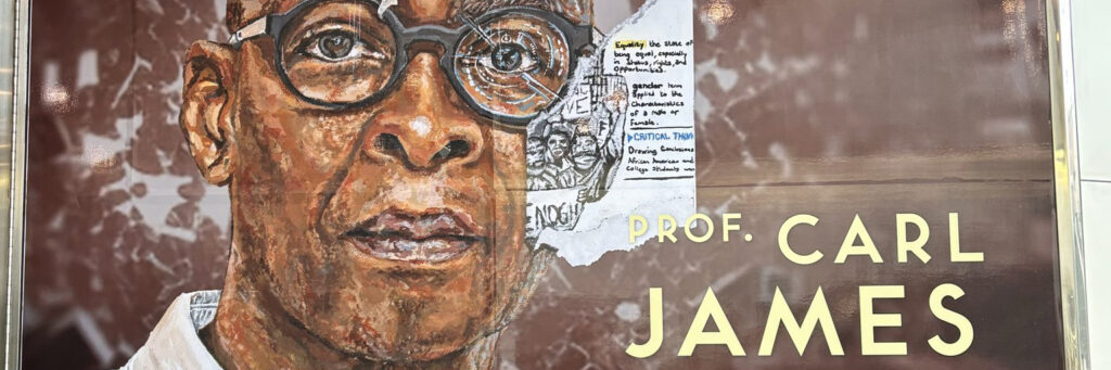 TTC mural featuring a captivating portrait of Professor James adorned with textbook pages, symbolizing knowledge, literature and the power of education