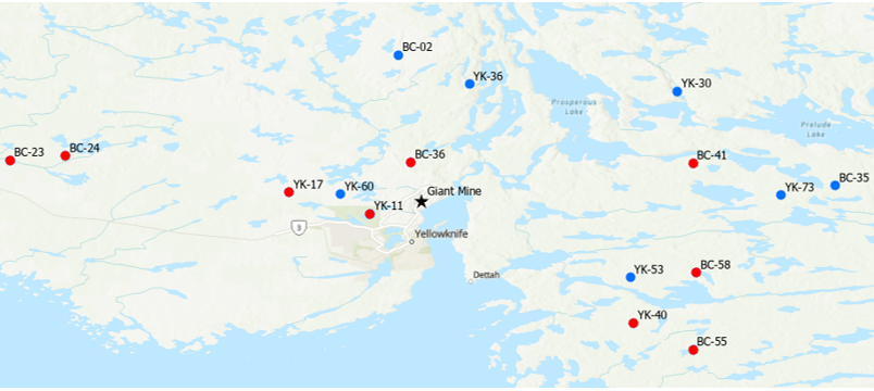 Map showing the 16 lakes sampled within a 30 km radius of Giant Mine (Yellowknife, Northwest Territories). Red dots indicate lakes with Chaoborus mandibles, while blue dots indicate lakes with no Chaoborus mandibles