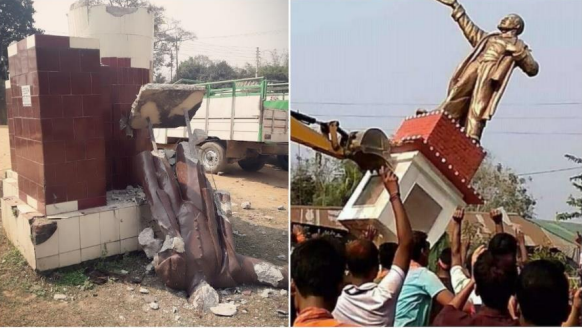 A collage of 2 pictures, a statue is being taken down