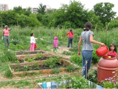 Kids looking around in maloca garden and a woman is watering plants.