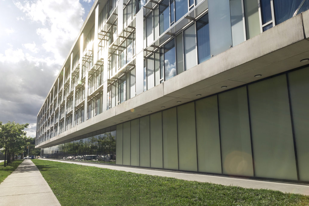 A view of The Pond Road Residence building taken from The Pond Road in summer