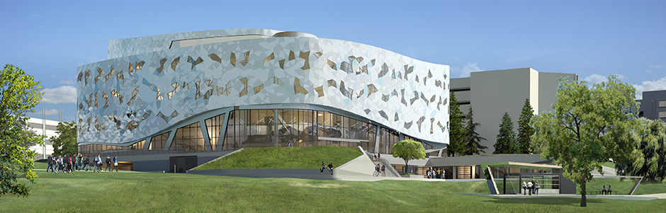 Landscape view of York University campus building