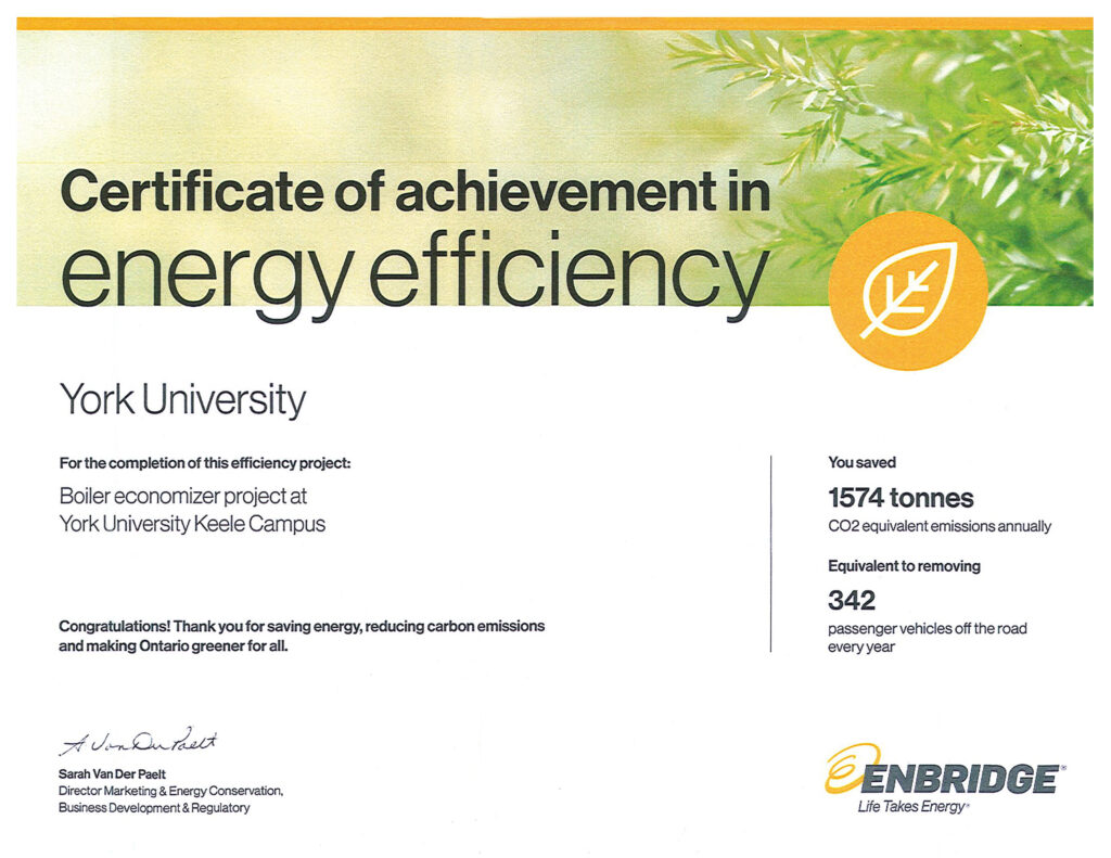 Certificate of Achievement in Energy Efficiency for Boiler Economizer Project at Keele Campus