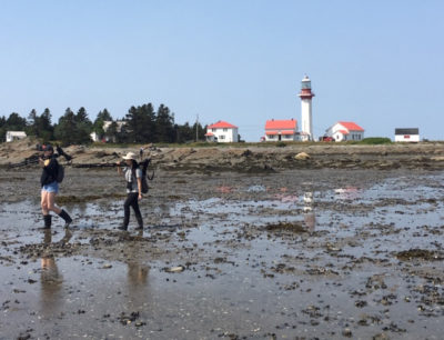 The students walk along the beach flats adjacent to the region’s iconic lighthouse