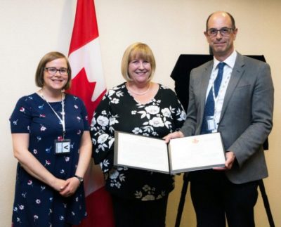 Professor Colin Coates receiving the ICCS Certificate of Merit from Professor Susan Hodgett, past president of the ICCS, and Professor Andrea Beverley, current president of the Canadian Studies Network – Réseau d’études canadiennes