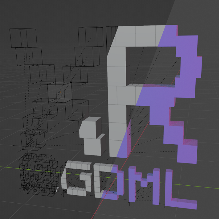 text made of cubes reading XR@GDML, image split into steps: mesh (cube outlines), simple lighting, and coloured lighting