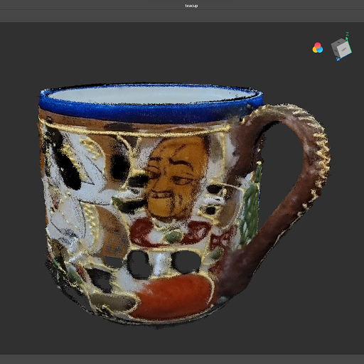 virtual porcelain teacup full of holes, on which we can see someone's face surrounded by intricate golden patterns