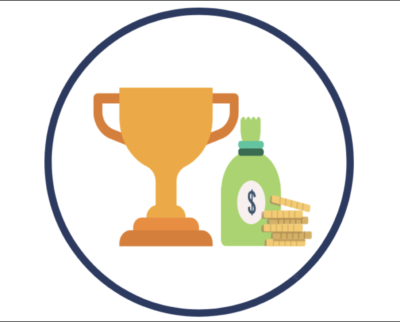 Graphic depicting a trophy and a bag of money, representing scholarship awards