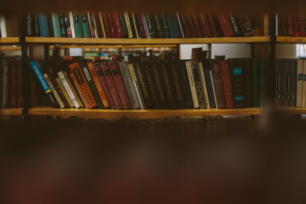 Photo of books on brown shelves