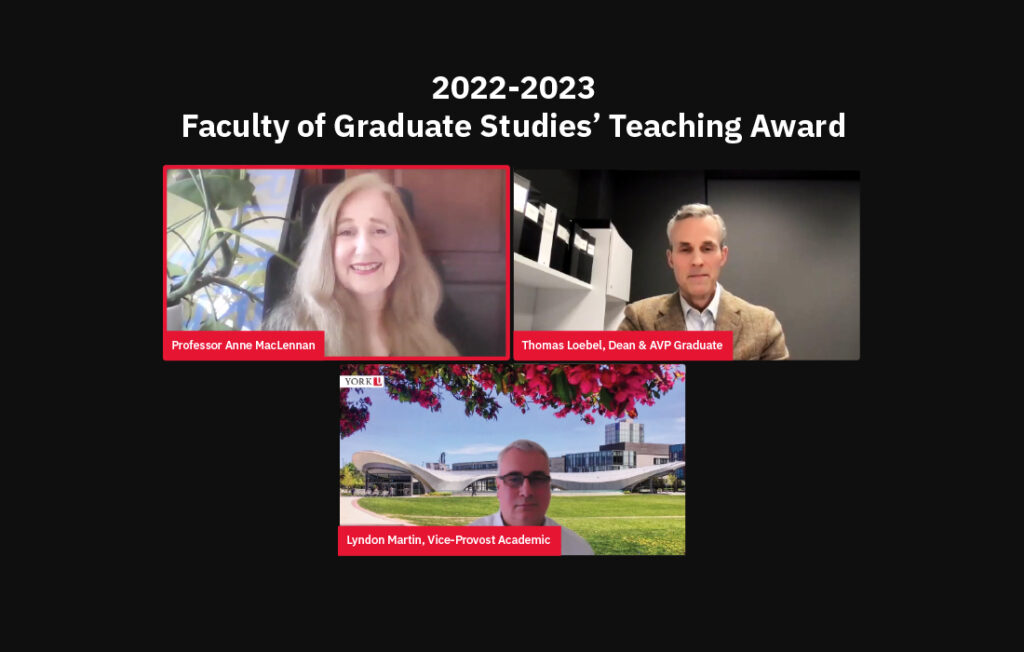 screenshot with Professor Anne MacLennan, Dean Thomas Loebel and Vice-Provost Lyndon Martin
