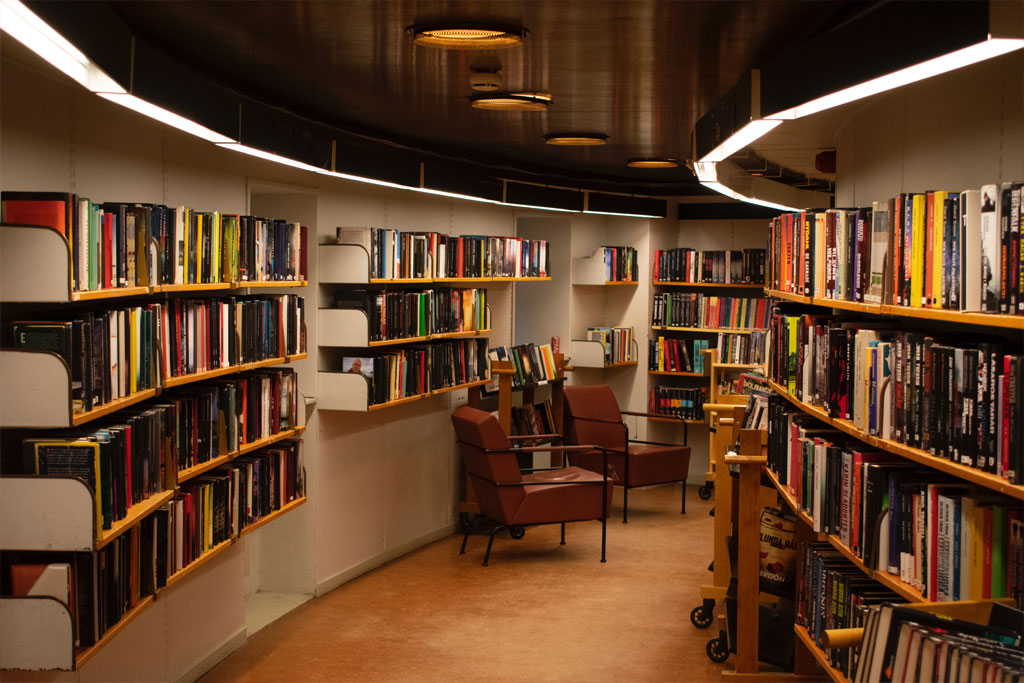 An image of a chair next to bookcases