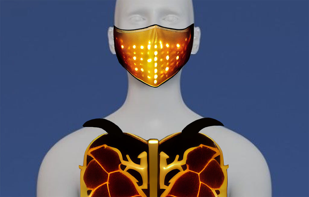 artistic rendering of wearable smart mask: BC sensor and critical art object displaying BC in the environment
