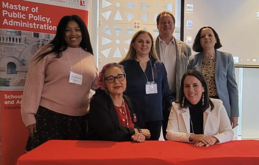 photo of Elizabeth Robertson (MPPAL student), Naomi Couto (MPPAL GPD), J.J. McMurtry (LA&PS dean), and Alena Kimakova (SPPA director), Ruth Green (special advisor to dean/professor), and Kate Forget (keynote speaker)