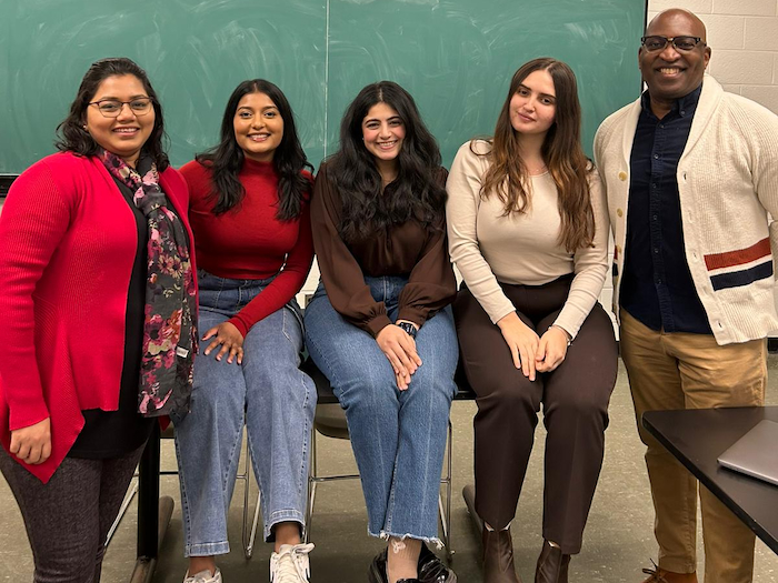 Left to Right—Rubaiya Sharin, Shahithya Ravindran, Ashika Sharda, Mirusha Ramaj and Kurt Strachan, coaches: Professors Ken Ogata and Ana Kapralos (not featured in picture).