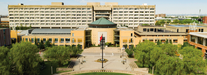 Aerial view of Vari Hall with the Ross Building behind it