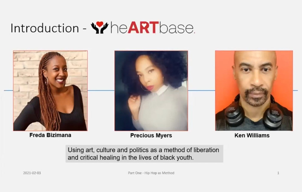 screen shot from The Cypher: Hip Hop as a Method A Process of Critical Healing Through Art, Politics podcast with headshots of the three hosts