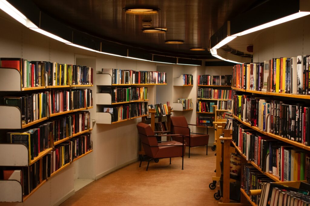 Image of a chair next to book shelves