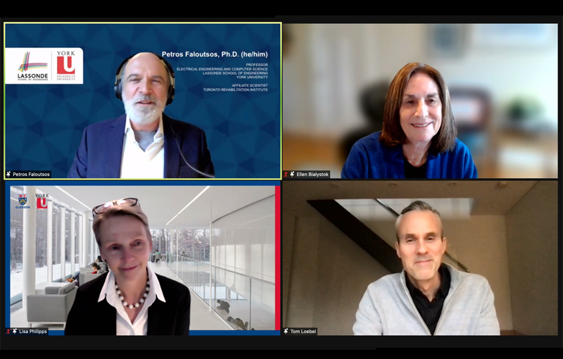 screenshot of a Zoom meeting with 2021 Postdoctoral Supervisor of the Year recipients Petros Faloutsos and Ellen Bialystok, Provost and Vice-President Academic Lisa Philipps and FGS Dean Tom Loebel