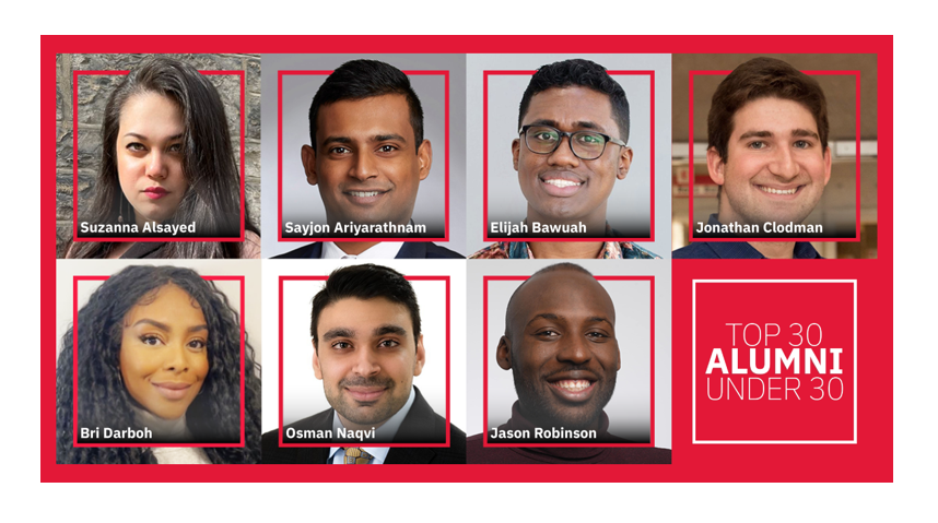 collage with seven headshots of the top 30 under 30 alumni
