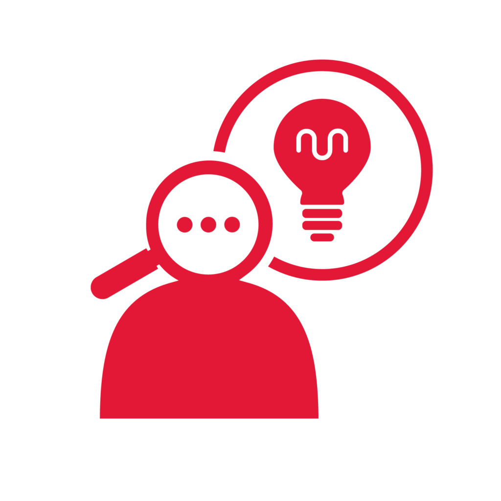 red and white graphic representing IDP Postdoc icon using a rough image for a person and a lightbulb